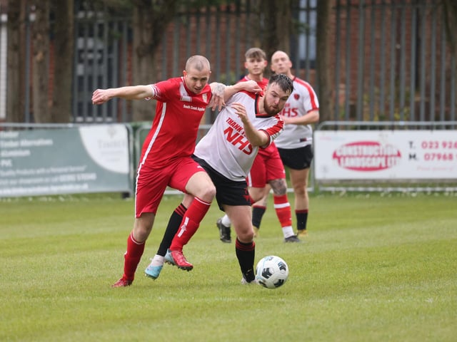 Action from the Oscar Owers Cup final between AFC Stubbington (all red kit) and Rowner Rovers. Picture: Kevin Shipp