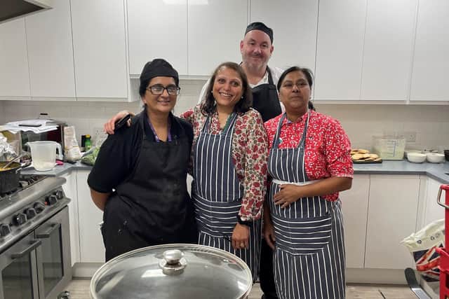 Chef Naz Ahmed with Mala Patel (centre) and Lucky Haque from Chat over Chai, with chef Dave Williams behind