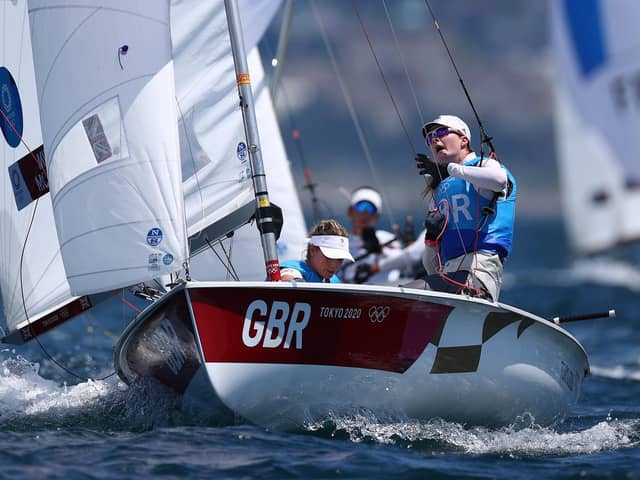 Hannah Mills and Eilidh McIntyre compete in the Women's 470 class at Enoshima Yacht Harbour  today. Photo by Clive Mason/Getty Images.