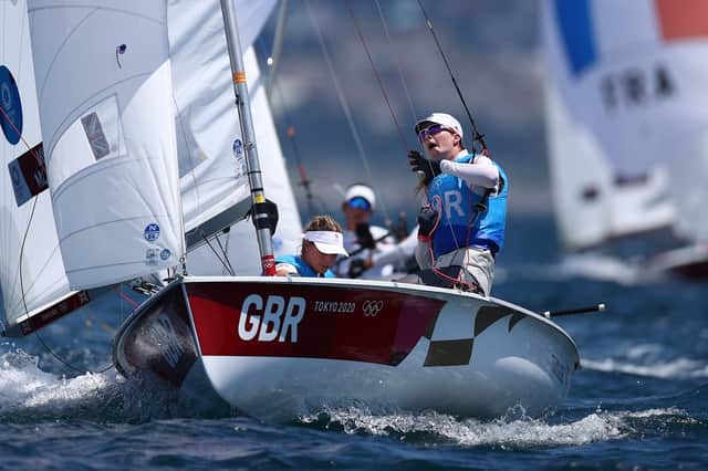 Hannah Mills and Eilidh McIntyre compete in the Women's 470 class at Enoshima Yacht Harbour  today. Photo by Clive Mason/Getty Images.