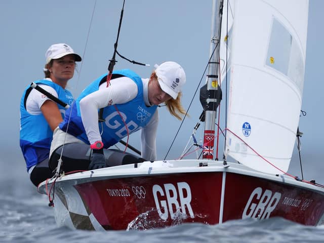 Eilidh McIntyre, right, and Hannah Mills on the Enoshima Bay water. Picture: Clive Mason/Getty Image