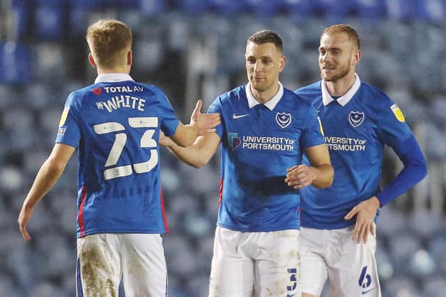 Pompey celebrate their win over AFC Wimbledon. Picture: Joe Pepler