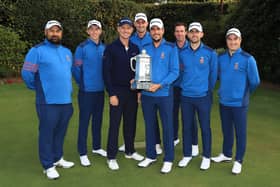 Justin Rose pictured with Martin Young (holding trophy) and the rest of the team after Hampshire won the County Championship in 2017.