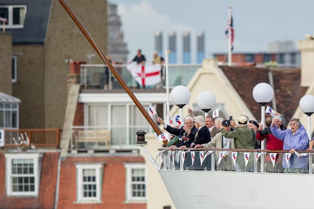 The Royal British Legion's specially chartered ship, the MV Boudicca, setting sail from Portsmouth with 300 veterans to Normandy. HMS St Albans, a Type-23 Royal Navy frigate, escorting the MV Boudicca along with four smaller Royal Navy vessels. Picture: Habibur Rahman