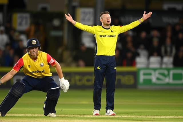 Hampshire's Mason Crane reacts during last night'sT20 Blast match between Essex Eagles and Hampshire Hawks in Chelmsford. Photo by Alex Davidson/Getty Images.
