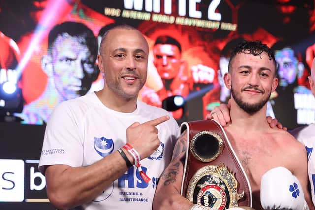 Mikey McKinson, centre, with trainer and father Michael Ballingall, left Picture: Mark Robinson/Matchroom Boxing