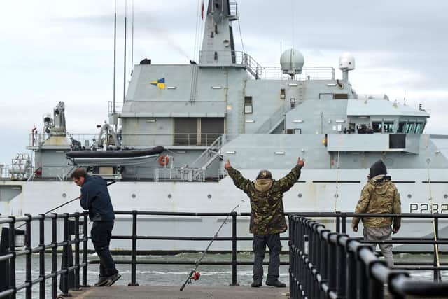 Fishermen in Portsmouth welcome back HMS Severn from her deployment to assist the fishermen of Jersey
Picture: Solent News and Photo Agency