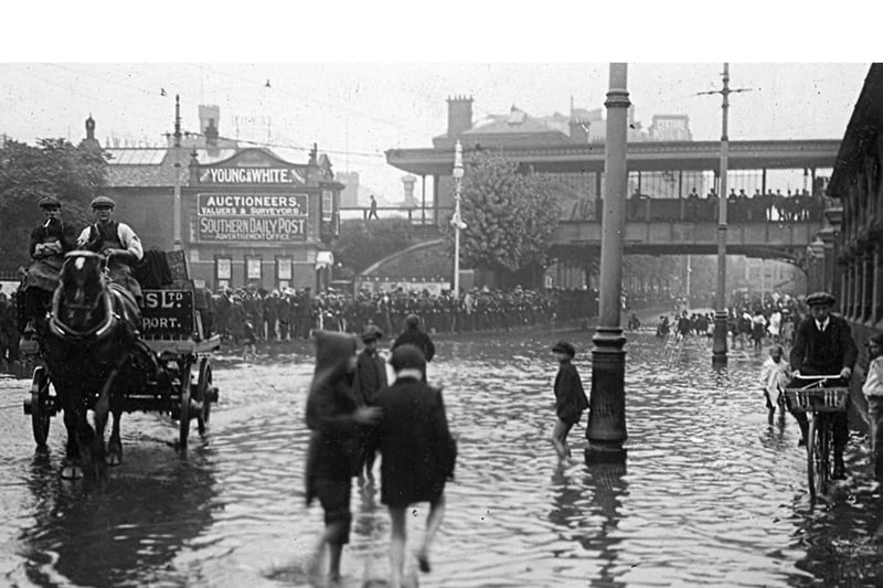 The Town Hall area. August 1911 and torrential rain flooded Commercial Road in what is now Guildhall Square.