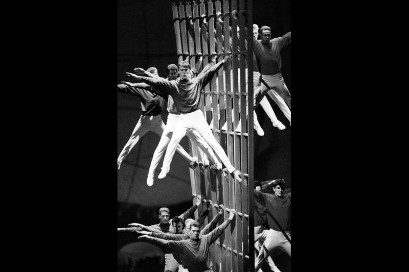 Sailors from HMS Sultan Royal Naval school in school in Gosport perform the window ladder at the Royal Tournament in Earls Court, 1993. The News PP5158