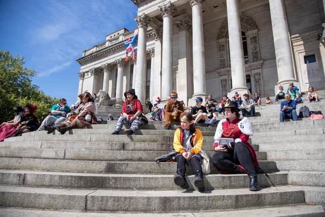 Crowds formed on the steps of the Guildhall to listen to outdoor panels. 
Photos by Alex Shute