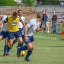 Kieron Roberts on the ball for Moneyfields during the 1-0 home win over Folland at Dover Road. Picture: Habibur Rahman