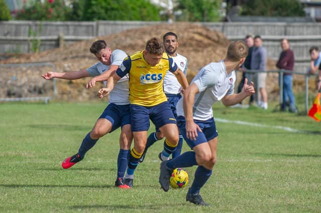 Kieron Roberts on the ball for Moneyfields during the 1-0 home win over Folland at Dover Road. Picture: Habibur Rahman