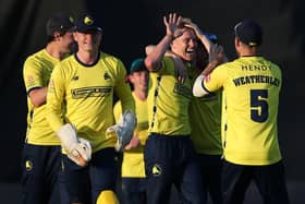 Nathan Ellis celebrates with his team mates after dismissing Worcestershire's Pat Brown. Picture by Steve Bardens/Getty Images