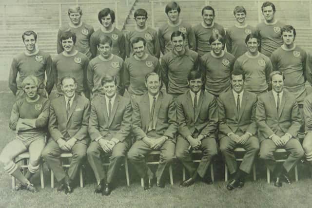 Portsmouth Football Team. Back row (left to right): Ray Pointer, Norman Piper, Fred Smith, George Ley, Mike Trebilcock, Nick Jennings, Roger Davidson. Middle row: Ray Hiron, Eoin Hand, Mick Travers, Jim Storrie (captain), John Milkins, David Munks, Harry Harris, Colin Blant, Tommy Youlden. Front row: Albert McCann, Gordon Neave, Jimmy Dickinson, George Smith, Ron Tindall, Bobby Campbell, Tony Barton and Brian Bromley. 