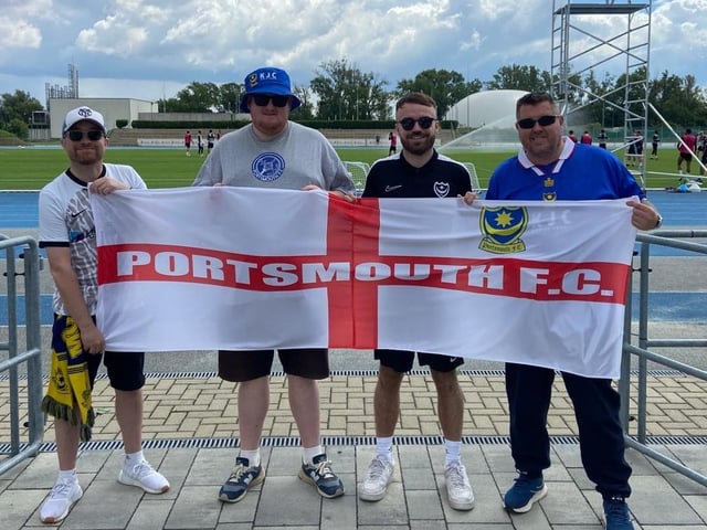 Andrew Barnard, Reece Hawkins, Tom Chappell and Gaz Guinness at Pompey's open training session at the X-Bionic Sphere Sports Centre in Šamorín, Slovakia.