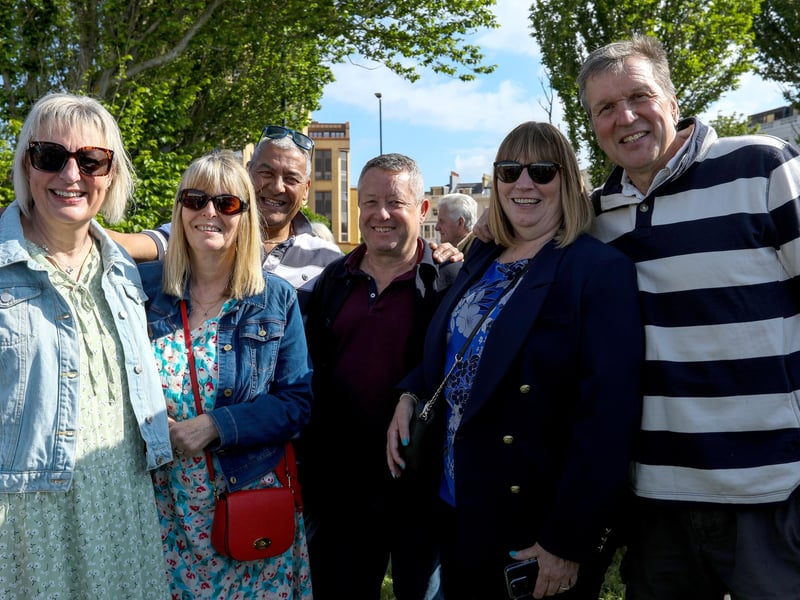 From left: Ali Evans, Jane Lewis, Jeff Evans, Paul and Tracey Sewart, and Gary See enjoying the D-Day 80 national commemorative event.Picture: Chris  Moorhouse (050624-024)