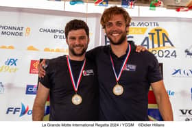 James Peters, left, and Finn Sterritt after being crowned European champions on the waters of La Grande-Motte earlier this year