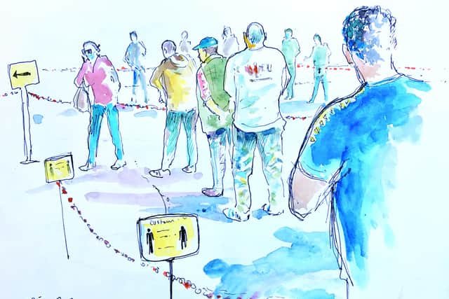 Queuing at B&Q in Fratton, painted by Kevin Dean for his #Corona Chronicles project