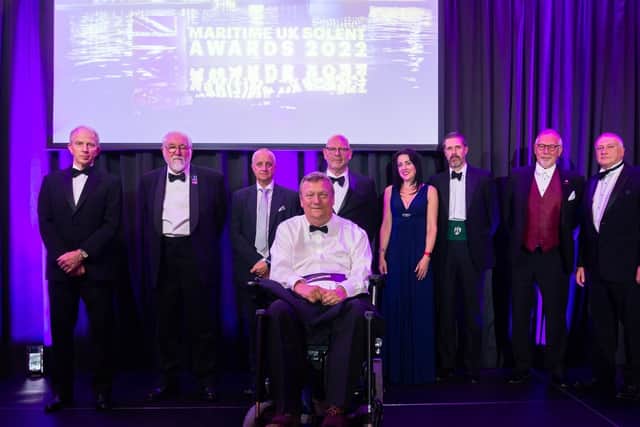 Flashback - Geoff Holt MBE (front) with nominees and representatives for last year's Maritime UK Solent Hero Award (from left) James Blanch, John Thompson, Dean Kimber, Stuart Laidler, Catherine Allen, Leigh Storey, Mark Pascoe, Chris Sturgeon.
