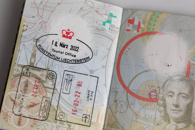 Daniel Blackman's passport - with the all-important stamp from Liechtenstein. Picture: Mike Cooter (140422)