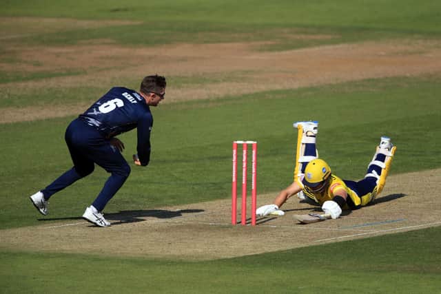 Hampshire's Joe Weatherley makes up his ground to avoid a run out during the Blast T20 match at The Ageas Bowl. Picture: Adam Davy.