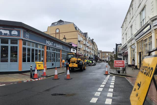 Palmerston Road pedestrianisation: Works begin to temporarily pedestrianise the southern end of Palmerston Road, Southsea, to allow for social distancing and a 'continental' style of dining to help businesses recover from the economic blow of the coronavirus. Picture: Byron Melton