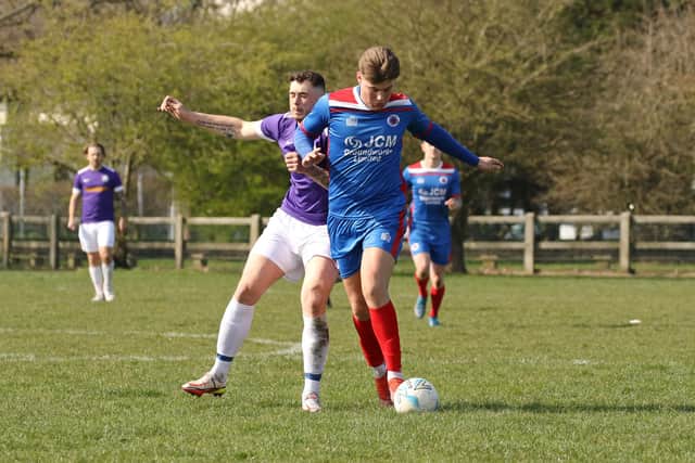 The Meon (blue) v Southsea United. Picture by Kevin Shipp