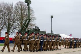Pictured: 16 Regiment Royal Artillery troops marching past the new Sky Sabre system on January 27. The system is now being deployed to Poland to defend Nato's eastern flank from Russia 

Picture: Habibur Rahman