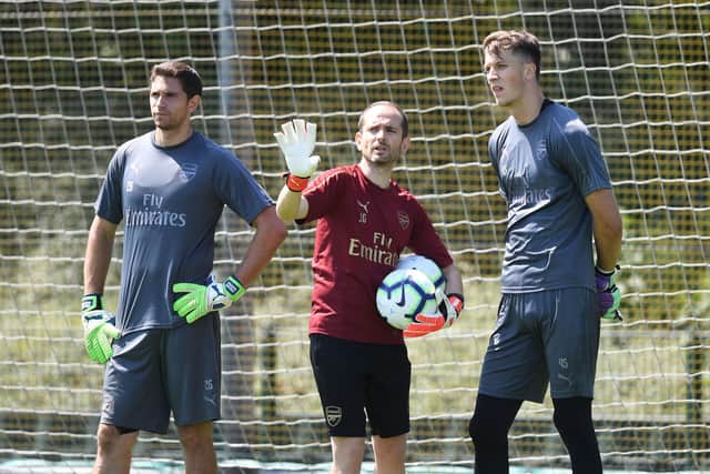 Matt Macey and Emi Martinez under the guidance of Arsenal goalkeeping coach Javi Garcia during a training session in July 3, 2018. Picture: Stuart MacFarlane/Arsenal FC via Getty Images.