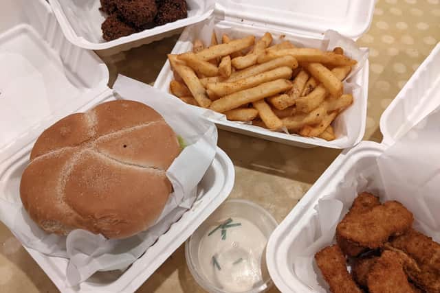 Takeaway food from the Messy Chef at the Outside-In Food Court.
