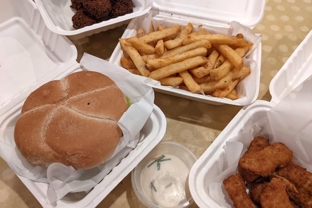 Takeaway food from the Messy Chef at the Outside-In Food Court.