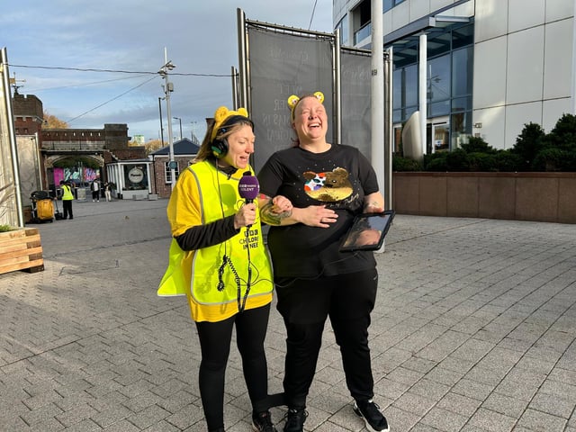 Rachel Street, bus driver and Katie Martin, presenter at BBC Radio Solent, participating in the three-legged challenge