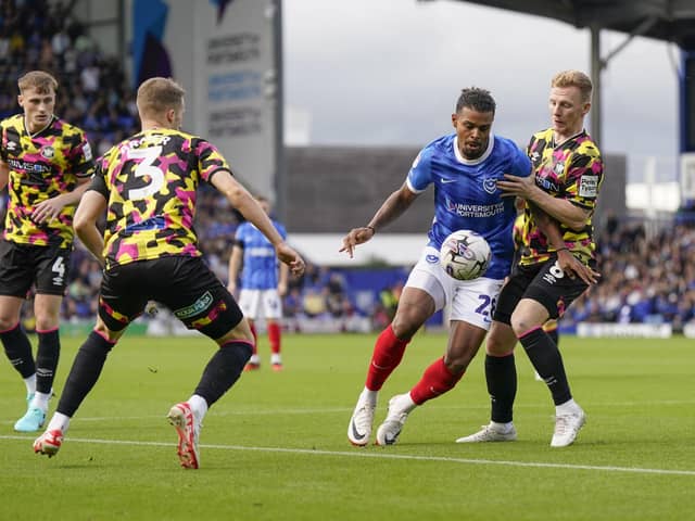 Tino Anjorin in action against Carlisle on Saturday. It represented his sixth Pompey appearance. Picture: Jason Brown/ProSportsImages