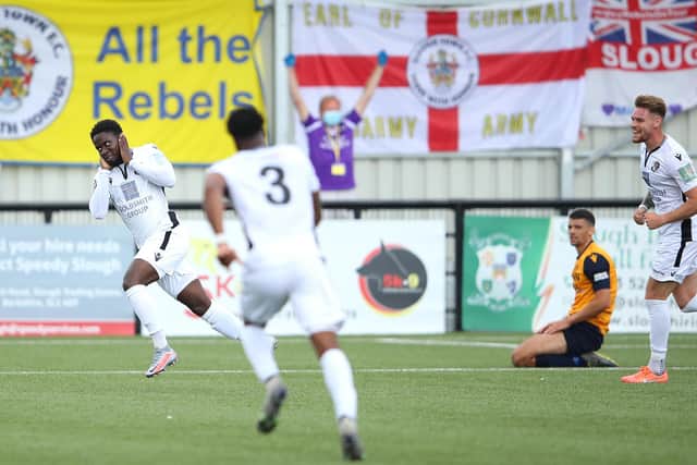 Luke Wanadio, left, wheels away after scoring Dartford's final goal in their 3-0 play-off win at Slough Town. They will now face Hawks at Westleigh Park. Photo by Warren Little/Getty Images.