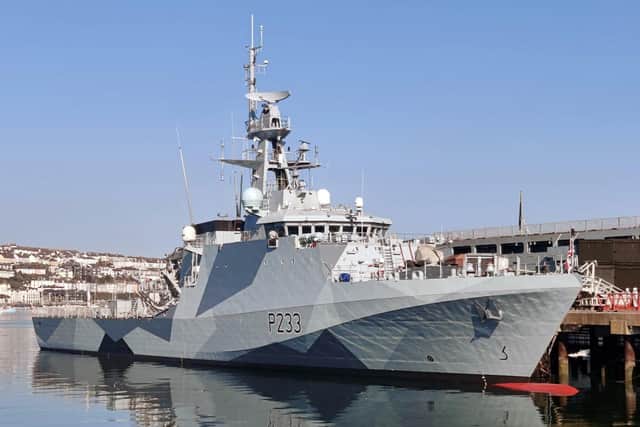 HMS Tamar with her new 'dazzle' paint scheme in the water. Picture: Royal Navy
