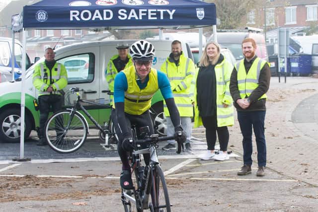 Close pass operation being held at Alexander Way, Portsmouth on 11th November 2021Police are focusing on passing distances between drivers and cyclists.Pictured: Police officer Paul Farquharson on his bike with his team at Alexander Way, PortsmouthPicture: Habibur Rahman