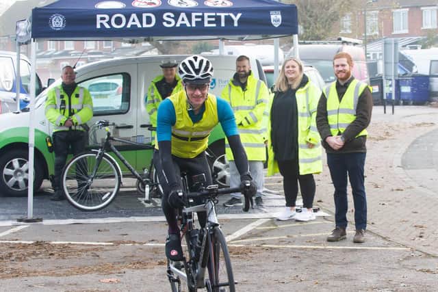 Close pass operation being held at Alexander Way, Portsmouth on 11th November 2021
Police are focusing on passing distances between drivers and cyclists.

Pictured: Police officer Paul Farquharson on his bike with his team at Alexander Way, Portsmouth

Picture: Habibur Rahman