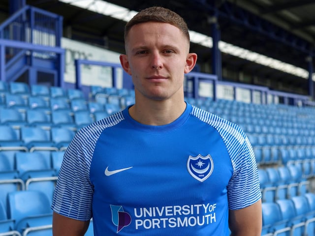 Introduced at half-time for Michael Jacobs and denied a debut goal with an excellent stop from Simon Moore after connecting at the far post with Connor Ogilvie's cross. Picture: Portsmouth FC