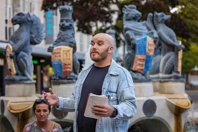 Josh Binstead (Executive Pastor from Kings Church in Somers Road) led the vigil in a moment of silence in memory of Wayne Elliott. Picture: Mike Cooter