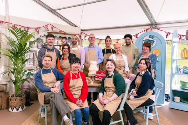 The Great British Bake Off Series 16 contestants (back row, left to right) Toby, Nadia, Aaron, Leighton, Jessika, Jasmine, Hassan and Lesley; and (front row, left to right) Tom, Pui Man, Iain and Nataliia. Credit: Channel 4/Love Productions/PA Wire