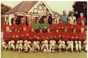 Mike Swain lines in a mid-1970s Fareham Town team photo. Back (from left) Terry Cannings, Dave Thomas, Ken Atkins, Len Abrahams, John Richardson, Ernie Hills, Alan Williams, Arthur Williams, Tom Jewitt. Middle: Bobby Taubman, George De St Croix, Dick Cade, Richard Duke, Paul Grant, Mick Richards, Phil Pollard, Jimmy Searle, Dave Ings, Barry Bailey, Ian Broomfield. Seated: Jim Ramsay, Barry Brear, Peter Farley, Roger Buckland, Tony Callahan, Mick O’Neill, Dave Stokes, Mike Swain, Simon O’Neill, Ian Brown.