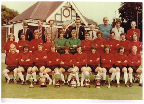 Mike Swain lines in a mid-1970s Fareham Town team photo. Back (from left) Terry Cannings, Dave Thomas, Ken Atkins, Len Abrahams, John Richardson, Ernie Hills, Alan Williams, Arthur Williams, Tom Jewitt. Middle: Bobby Taubman, George De St Croix, Dick Cade, Richard Duke, Paul Grant, Mick Richards, Phil Pollard, Jimmy Searle, Dave Ings, Barry Bailey, Ian Broomfield. Seated: Jim Ramsay, Barry Brear, Peter Farley, Roger Buckland, Tony Callahan, Mick O’Neill, Dave Stokes, Mike Swain, Simon O’Neill, Ian Brown.