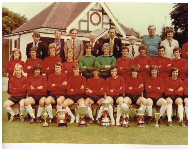 Mike Swain lines in a mid-1970s Fareham Town team photo. Back (from left) Terry Cannings, Dave Thomas, Ken Atkins, Len Abrahams, John Richardson, Ernie Hills, Alan Williams, Arthur Williams, Tom Jewitt. Middle: Bobby Taubman, George De St Croix, Dick Cade, Richard Duke, Paul Grant, Mick Richards, Phil Pollard, Jimmy Searle, Dave Ings, Barry Bailey, Ian Broomfield. Seated: Jim Ramsay, Barry Brear, Peter Farley, Roger Buckland, Tony Callahan, Mick O’Neill, Dave Stokes, Mike Swain, Simon O’Neill, Ian Brown.