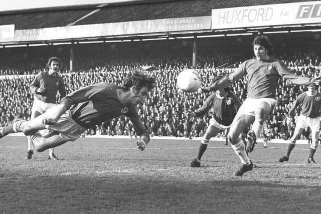 Ray Hiron scores his 100th goal for Pompey against Nottingham Forest in 1973