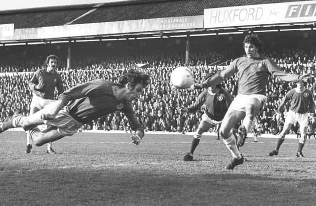 Ray Hiron scores his 100th goal for Pompey against Nottingham Forest in 1973