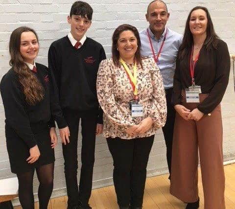  Young people from Springfield School in Portsmouth join, from right to left, Chantelle Knight, PSHE Framework Developer at Portsmouth City Council and speakers Russell Abery and Janine Milburn, at the One Choice workshop