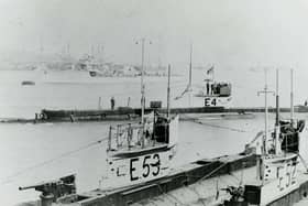 HMS E52 in harbour with other Royal Navy Submarines in the First World War. Picture: Royal Navy