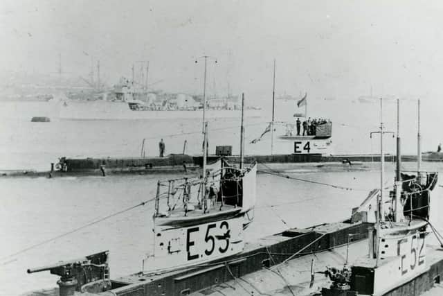 HMS E52 in harbour with other Royal Navy Submarines in the First World War. Picture: Royal Navy