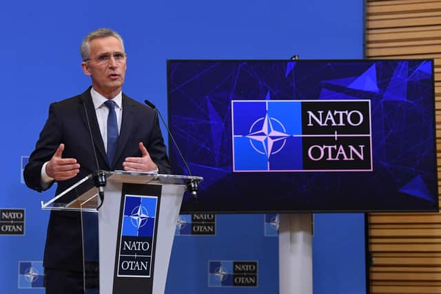 NATO Secretary General Jens Stoltenberg gives a press briefing following a extraordinary meeting of the NATO-Ukraine commission about the situation between Ukraine and Russia, at NATO headquarters in Brussels on February 22, 2022.