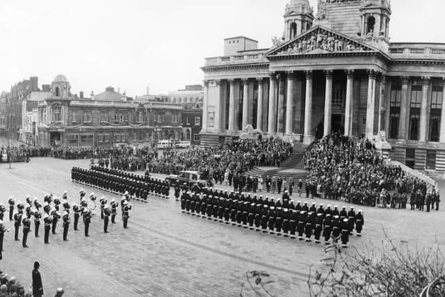 Wide shot of Guildhall Square as Prince Charles arrives for Freedom of the City Ceremony in 1979. PP1858